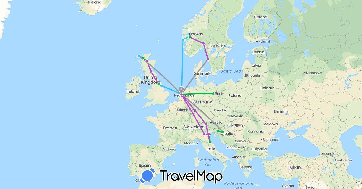 TravelMap itinerary: driving, bus, plane, train, boat in Austria, Germany, United Kingdom, Croatia, Italy, Netherlands, Norway, Sweden, Slovenia, San Marino (Europe)